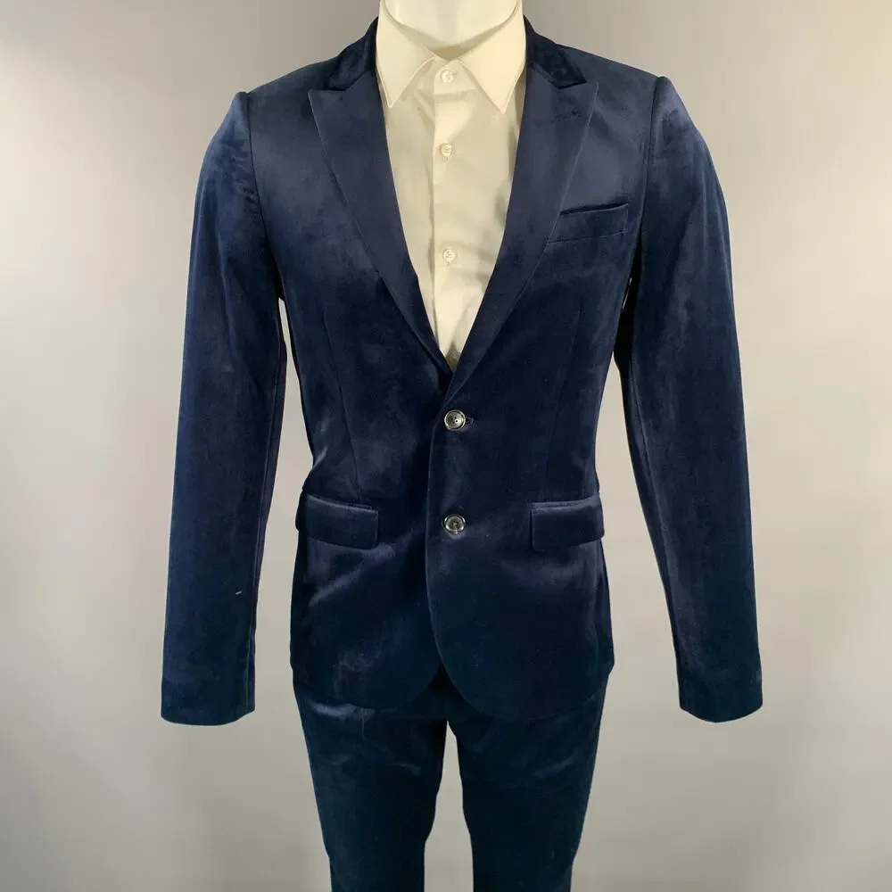 SCOTCH AND SODA Chest Size 38 Navy Velvet Polyester Peak Lapel Suit